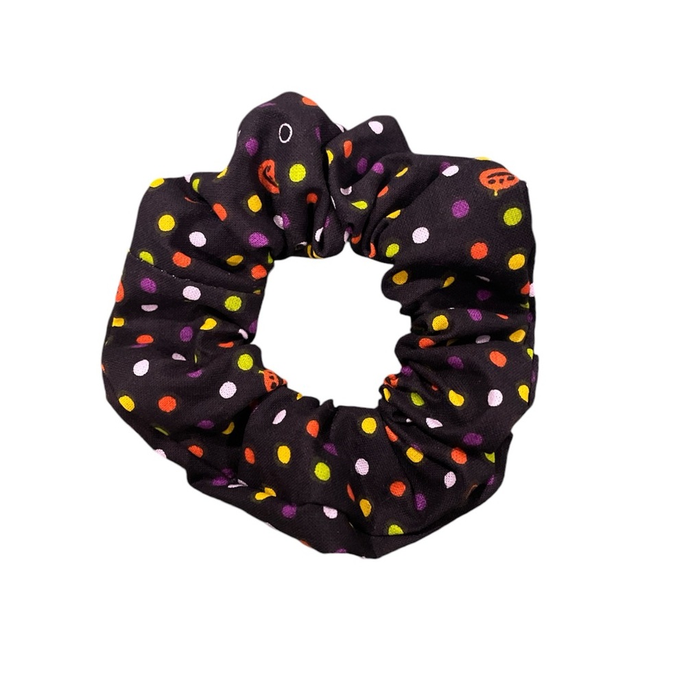 Handmade hair tie scrunchie.  Black with polka dots.  Halloween